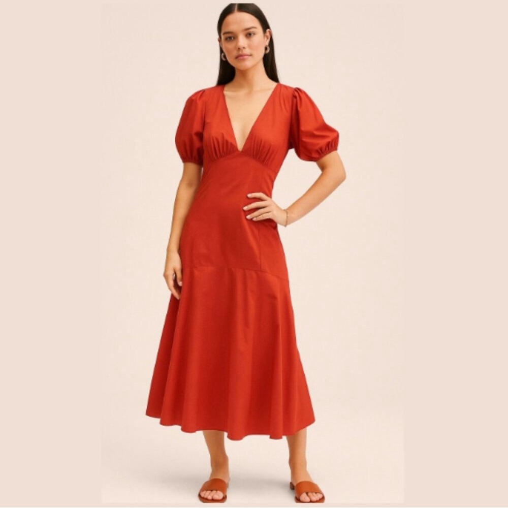 Abercrombie & Fitch Red Midi Dress with Puff Sleeves